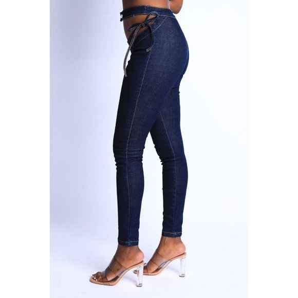 Women's Self Belted Bikini Cutout Sexy Denim Pants S M L Denim Indigo White - Picture 6 of 10